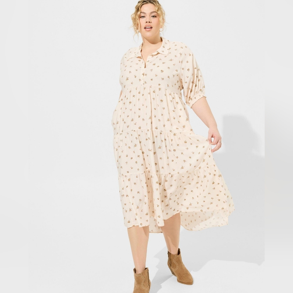 Torrid Floral Tiered Midi Dress Size 3 Beige Cottage High Low Hem 3X